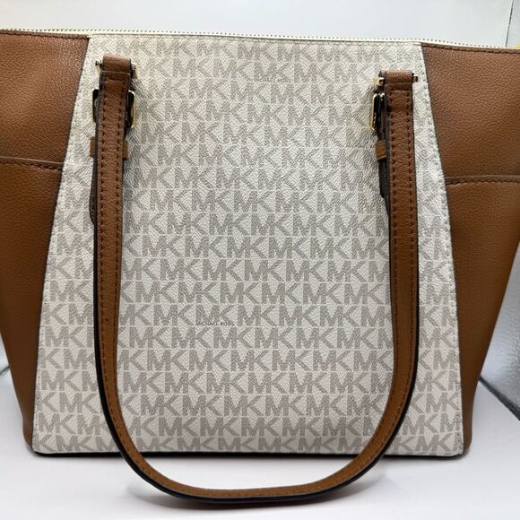 EUC Michael Kors Charlotte Tote Bag Cream and Brown with Signature Monogram - Picture 2 of 5